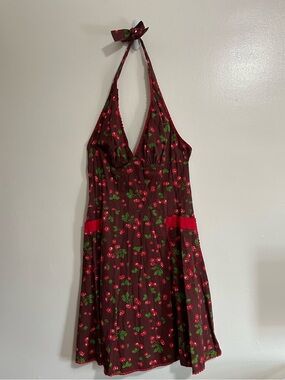 Pinup Couture Burgundy Cherry Print Halter Dress, Size XXL